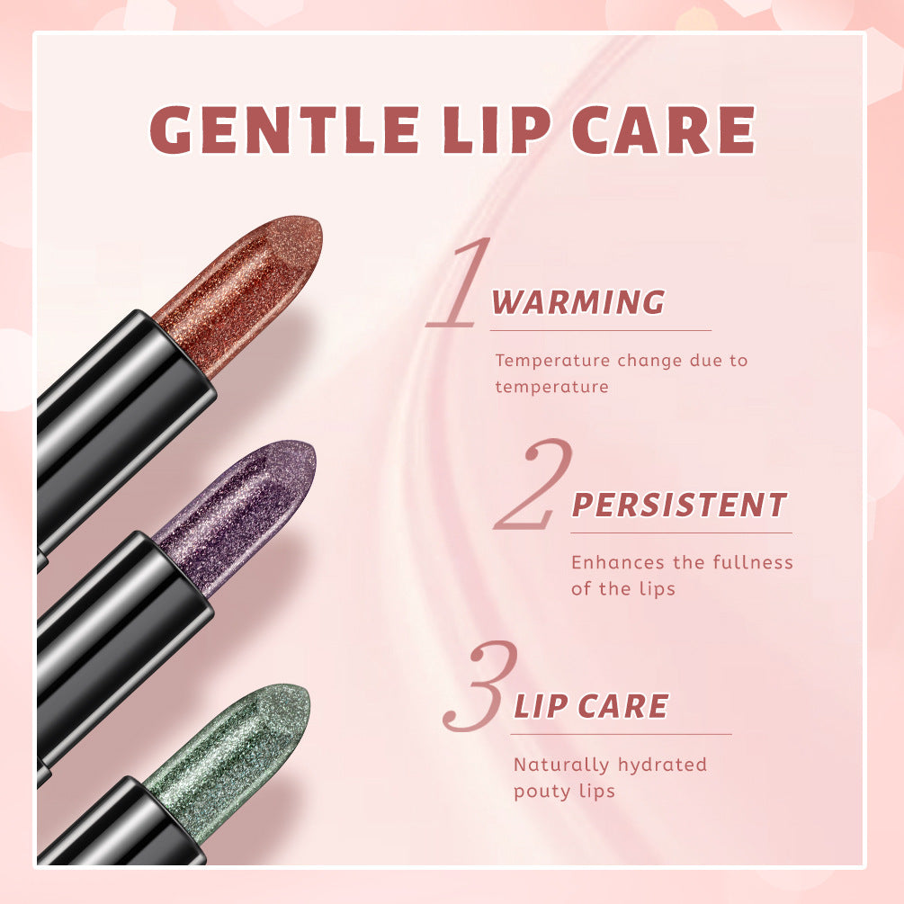 QIBEST cross-border diamond color-changing lipstick pearlescent fine glitter moisturizing easy to color temperature change thousand people thousand colors silky lipstick - Decent luxury